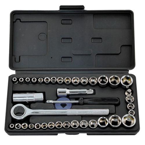 A black plastic case containing a shiny socket wrench set with various sized sockets arranged neatly. Includes a ratchet, extension bars, and a screwdriver handle.