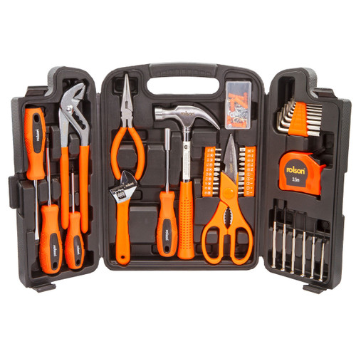 A black plastic toolbox with various orange-handled tools, including screwdrivers, pliers, scissors, and a tape measure, neatly arranged inside.