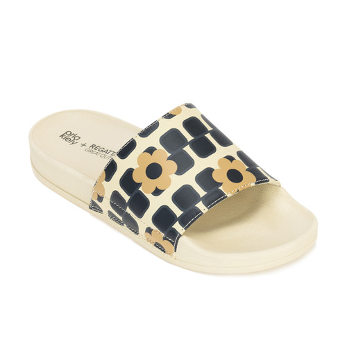 Cream Orla Kiely x Regatta slide sandal with floral geometric strap.