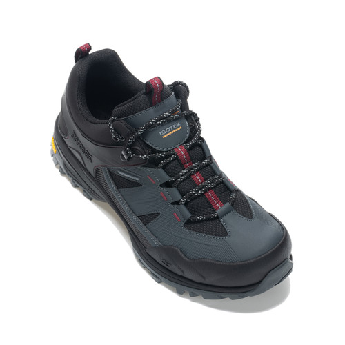 Three-quarter front view of grey waterproof hiking shoe with rugged construction and lace-up design.