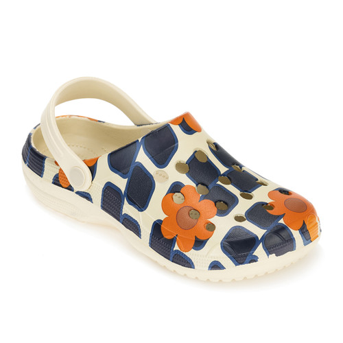 Cream clogs with blue geometric print and orange flowers, perforated toe box