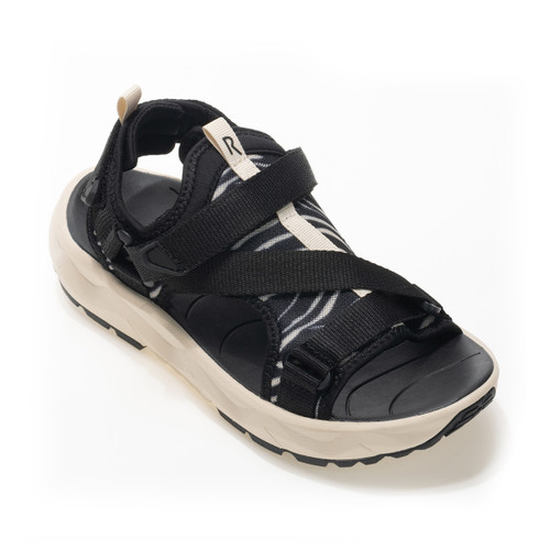 Three-quarter front view of black outdoor sandal with open toe and padded straps.