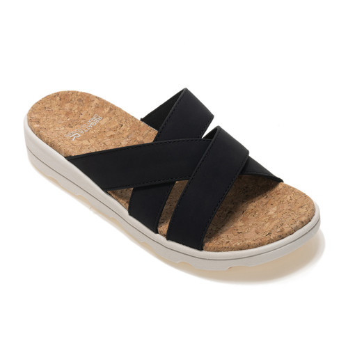 Angled front view of black crossover slide sandal with cushioned sole.