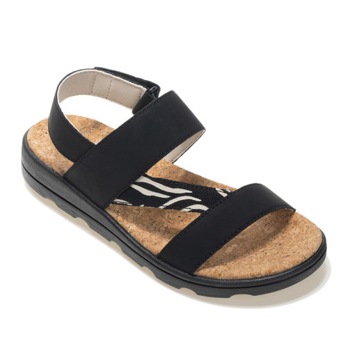Top view of pair of black sandals with zebra-print strap detail and cork footbeds.