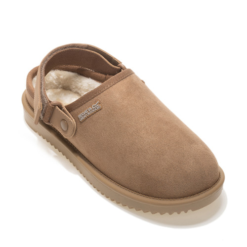 Tan suede clog with soft cream fleece lining, adjustable heel strap and textured rubber sole on a white background.