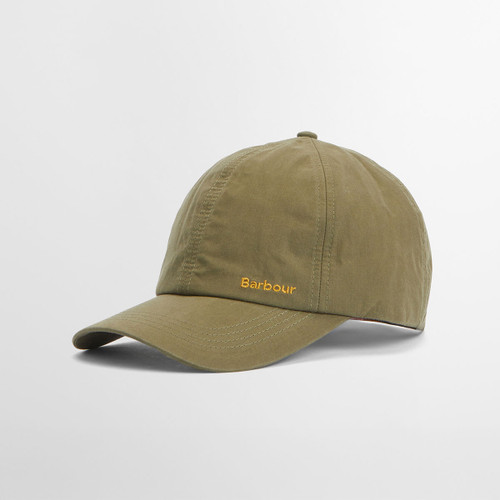 Olive green Barbour baseball cap with curved peak, shown on a light grey background.