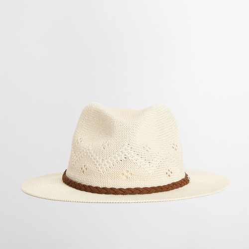 Cream woven trilby hat with wide brim and brown plaited band.
