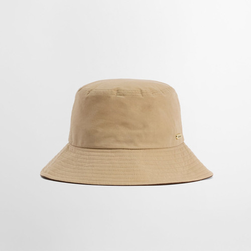 Beige Barbour bucket hat with wide stitched brim and small metal logo badge on the side.