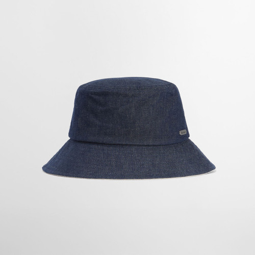 Navy denim bucket hat with stitched brim and small Barbour badge on the side, studio shot.