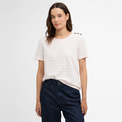 Model wearing a pale pink and white striped Barbour T-shirt with short sleeves and button detail on the shoulder.