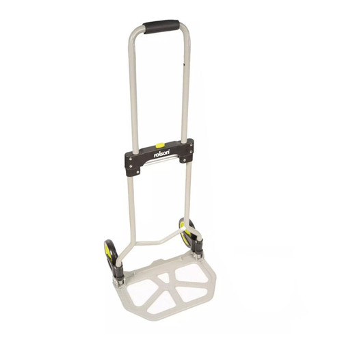 A foldable hand truck with a silver frame, black handle, and two wheels. The compact design is lightweight, with a textured, open-work base for stability.