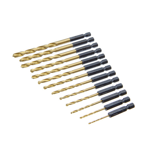 A set of thirteen gold-coloured drill bits with black hex shanks arranged in a fan pattern, varying in size from large to small, on a white background.