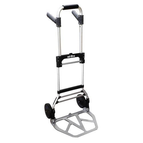 Folding hand truck with black handles, silver frame, two wheels, and a gray platform. It appears sturdy and suitable for moving heavy loads.