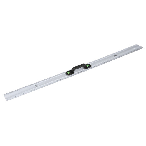 A long silver ruler with black and green handle in the centre, marked with metric and imperial measurements, set against a plain white background.