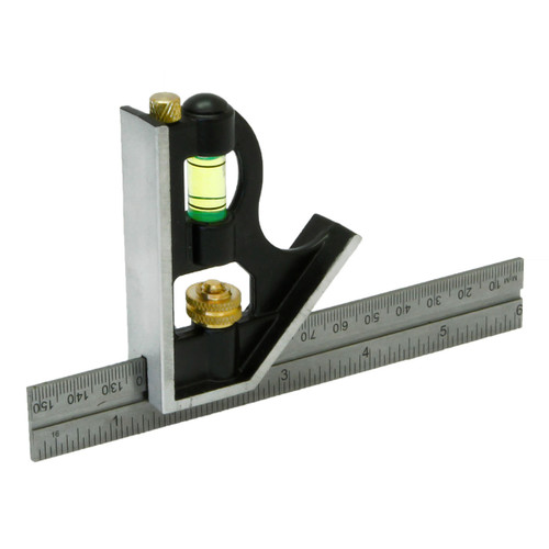 A combination square with a silver metal ruler and black handle featuring a yellow bubble level and brass adjustment knobs, used for precise measurements.
