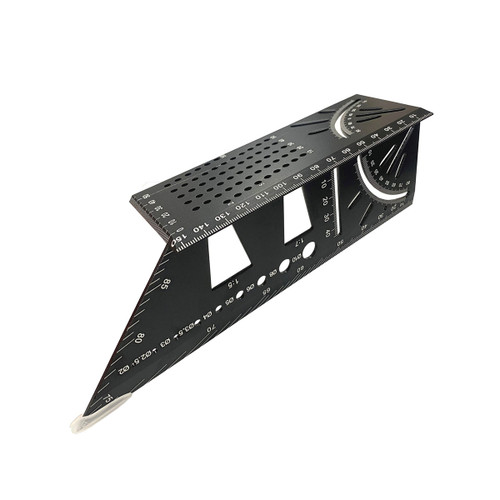 Triangular black multi-angle measuring ruler with perforations, protractors, and scale markings. Crafted from metal, it evokes precision and utility.