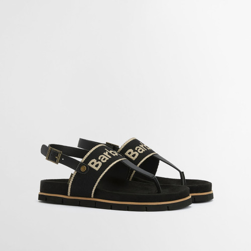 Black Barbour logo strap sandals with adjustable ankle buckle and cushioned footbed on a white background.