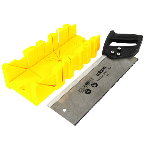 Yellow mitre box and hand saw set on a white background. The mitre box has angled slots, and the saw features a black handle. Tools suggest precision cutting.
