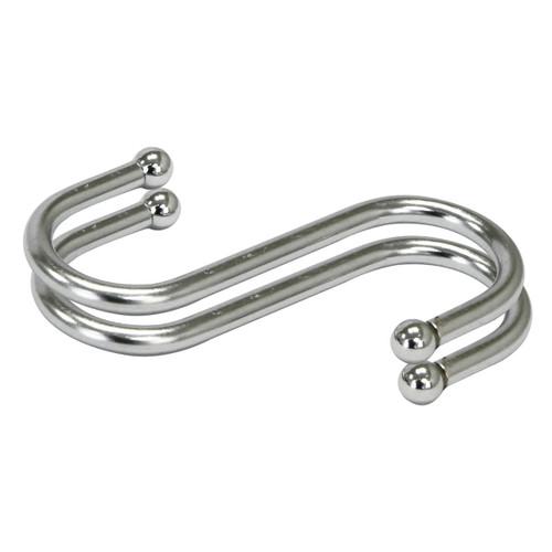 Silver metal double hook with a smooth, shiny finish and ball ends, forming an S-shape. It appears sturdy, typically used for shower curtains.