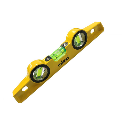 Yellow spirit level with two green bubble vials, black circular accents, and a central logo. The design conveys precision and reliability.