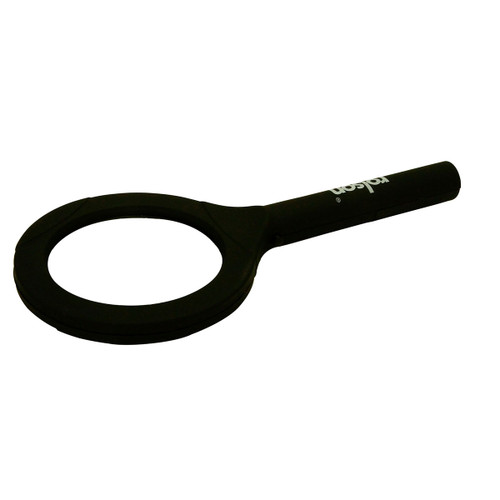 Black handheld magnifying glass with a circular, lens-free frame on a white background. The handle features a subtle logo, conveying a sleek and modern design.