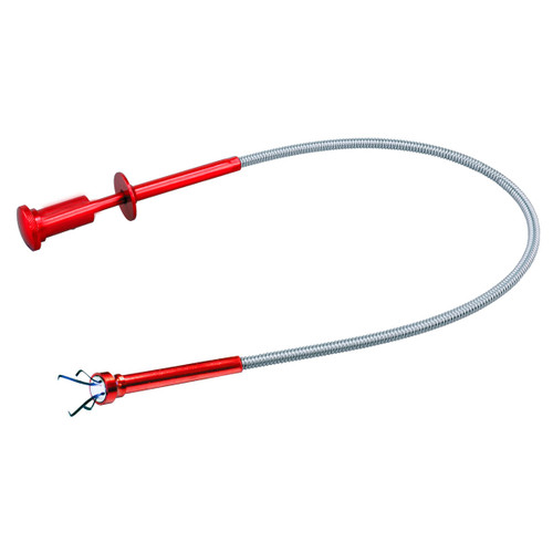 Red flexible grabber tool with a silver spring-like extension, featuring a four-prong claw at one end and a red plunger handle at the other.