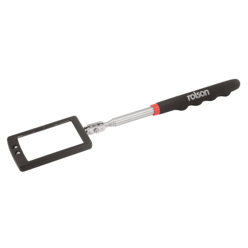 Telescopic inspection mirror with a black handle and a rectangular reflective surface, featuring LED lights. Ideal for viewing hard-to-reach areas.