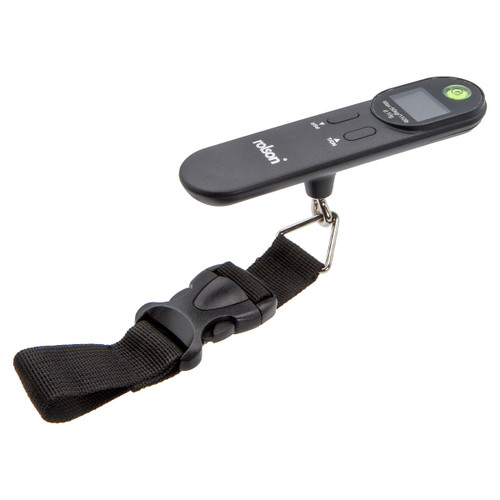 Digital luggage scale with a black body, display screen, and a strap with a buckle. The design is sleek and portable, ideal for travel.