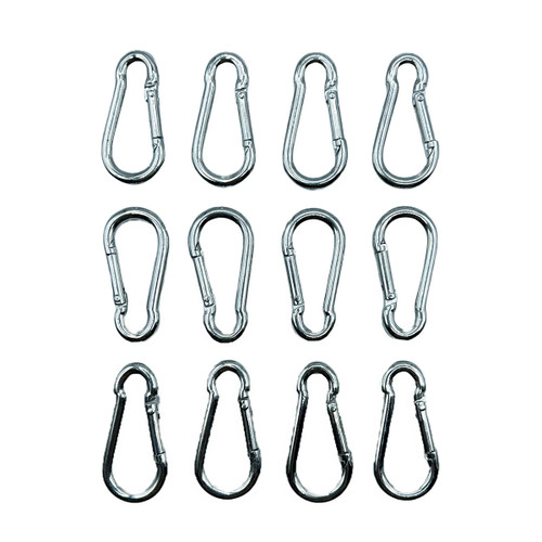 A set of 12 silver carabiners arranged in three rows on a white background. The shiny metal loops have spring-loaded gates, indicating functionality.