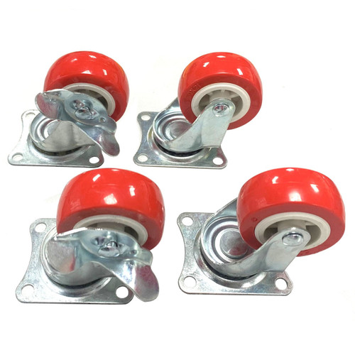 Four red caster wheels with silver metal plates are arranged in a square pattern on a white background. The wheels are shiny and new.