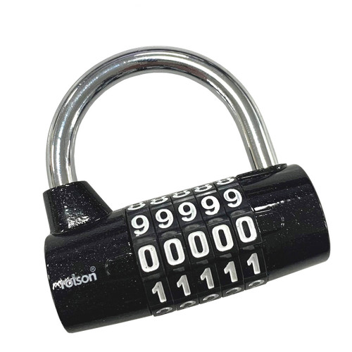 A black combination padlock with five rotating number wheels set to "00000." The metal shackle is curved and shiny, indicating security and sturdiness.
