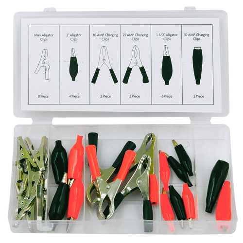 A plastic box with six compartments displays various metal and plastic clips in red and black. A lid chart labels clip sizes and quantities.