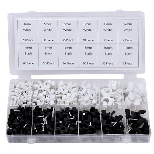 Box with labelled compartments displaying various sizes of black and white cable clips. Organized by colour and size, creating a neat and functional appearance.