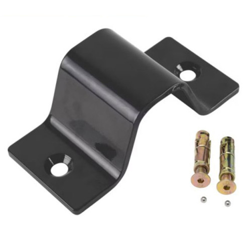 Black metal bracket with two holes, displayed alongside two gold-coloured wall anchors. The bracket has a sleek, curved design.