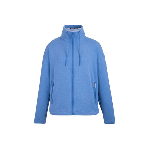Sonic blue full-zip fleece jacket with high collar and drawcords, front view on a white background.