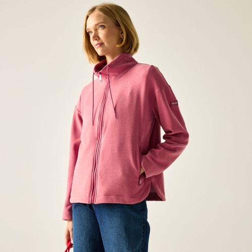 Model wearing a Slate Rose women’s fleece jacket with a full zip and funnel neck.