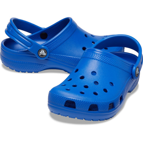 Blue bolt Crocs Children's Classic Clog with ventilation holes and pivoting heel strap, shown at a three-quarter front angle on a white background.