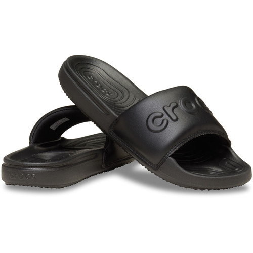 Black Crocs slide sandals with padded synthetic strap and embossed Crocs logo, shown in a stacked angled product view on a white background.