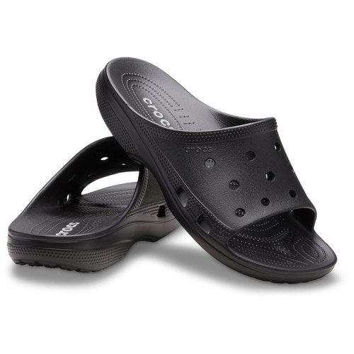 Black Crocs slide sandals with cushioned footbed, shown as a stacked pair on a white background.