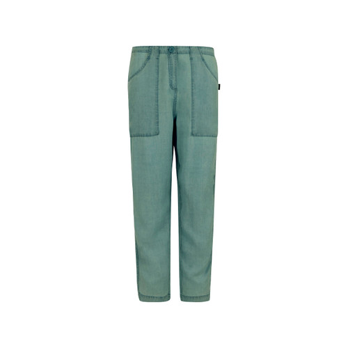 green women’s trousers with tapered legs, front button fastening and large pockets, on a white background.