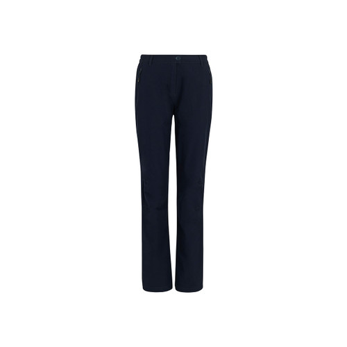 Women’s navy walking trousers, front view, with button fastening and zip pockets.