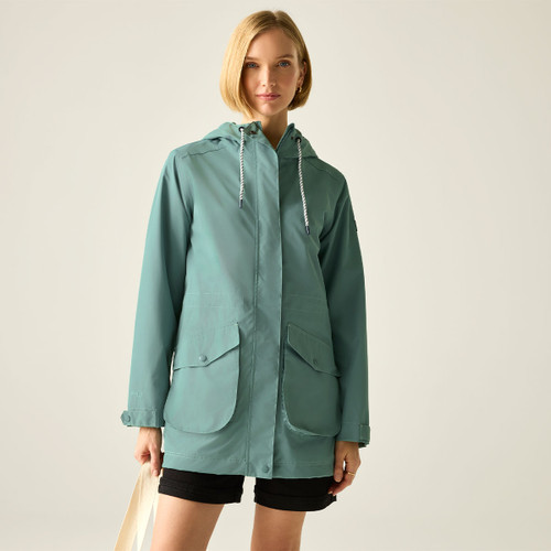 Women’s ivy moss green waterproof jacket, front view.