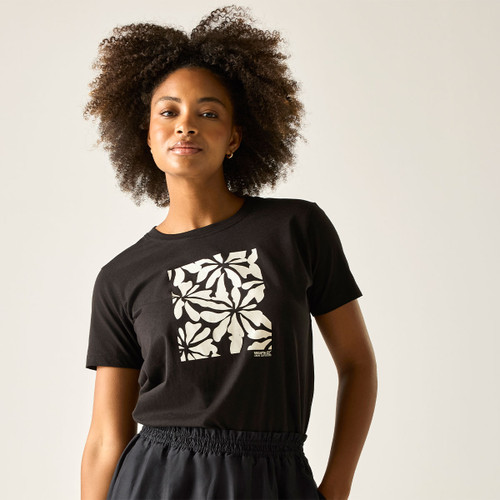 Women’s black short-sleeve graphic t-shirt with abstract floral print, front view.