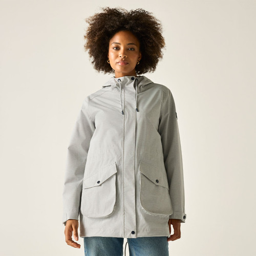Women’s light grey waterproof jacket, front view.