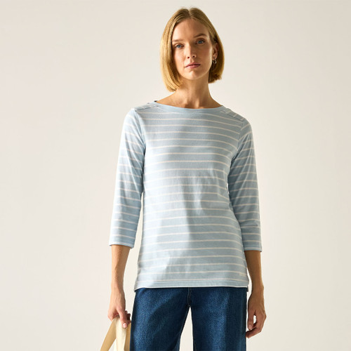 Women’s skyway blue and white striped long-sleeve t-shirt, front view.