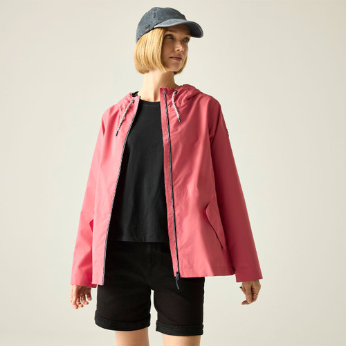 Women’s slate rose hooded waterproof jacket, front view worn open.