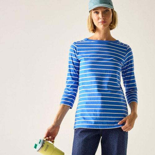 Women’s blue and white striped long-sleeve t-shirt, front view.