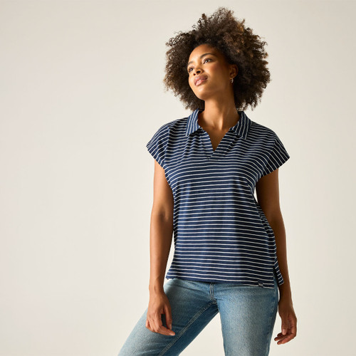 Women’s navy and white striped short-sleeve polo-style top, angled front view.