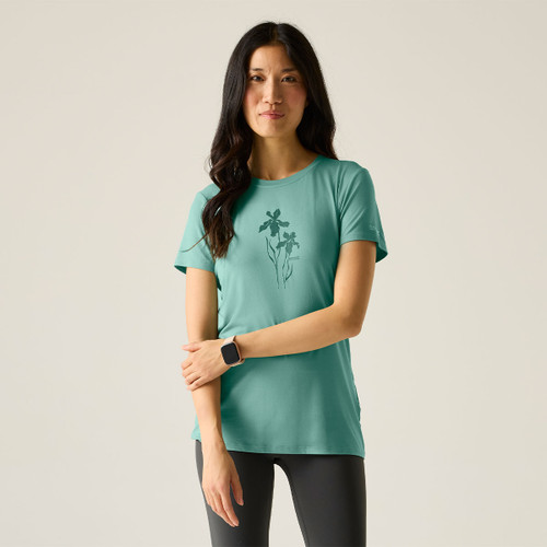 Women’s ivy green short-sleeve stretch t-shirt with floral graphic, worn front-on.