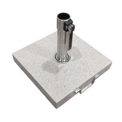 Square granite parasol base with stainless steel pole holder, locking lever and carry handle, shown on a white background.